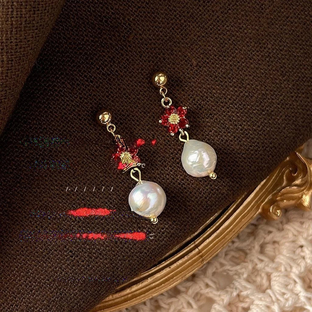 French Vintage Baroque Freshwater Pearl Flower Zircon Stud Earrings For Women