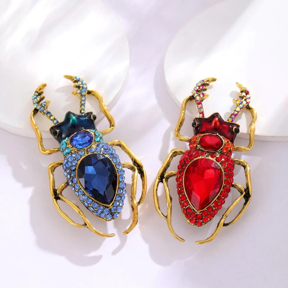Luxury Blue Rhinestone Beetle Brooch, Gold Alloy Enamel Insect Lapel Pin Corsage Suit Accessory Gift