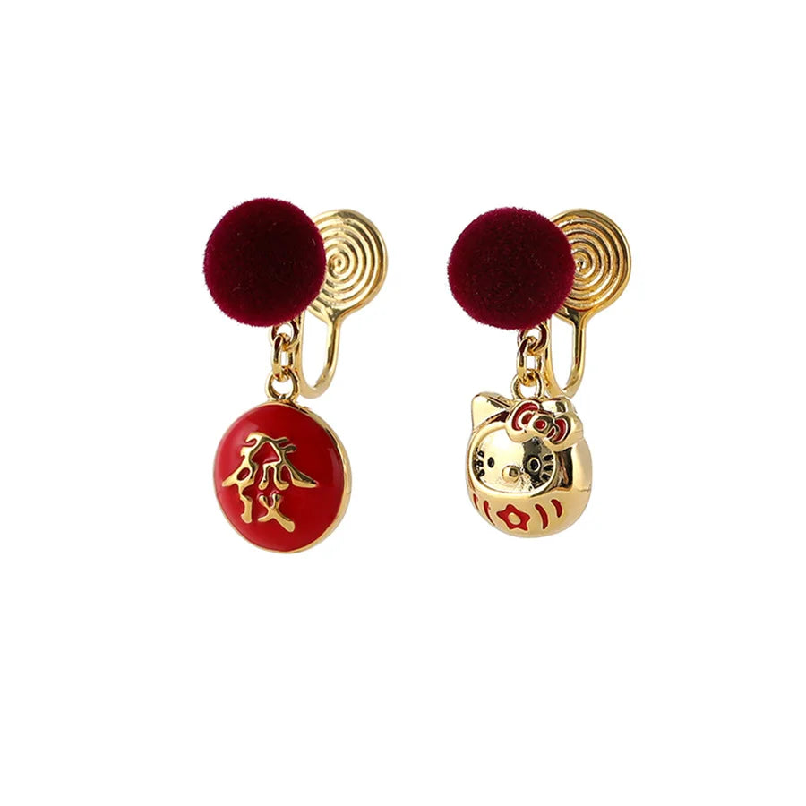 Elegant Chinese New Year Red Velvet Ball Fortune Cat Enamel Alloy Stud & Clip On No Piercing Dangle Earrings