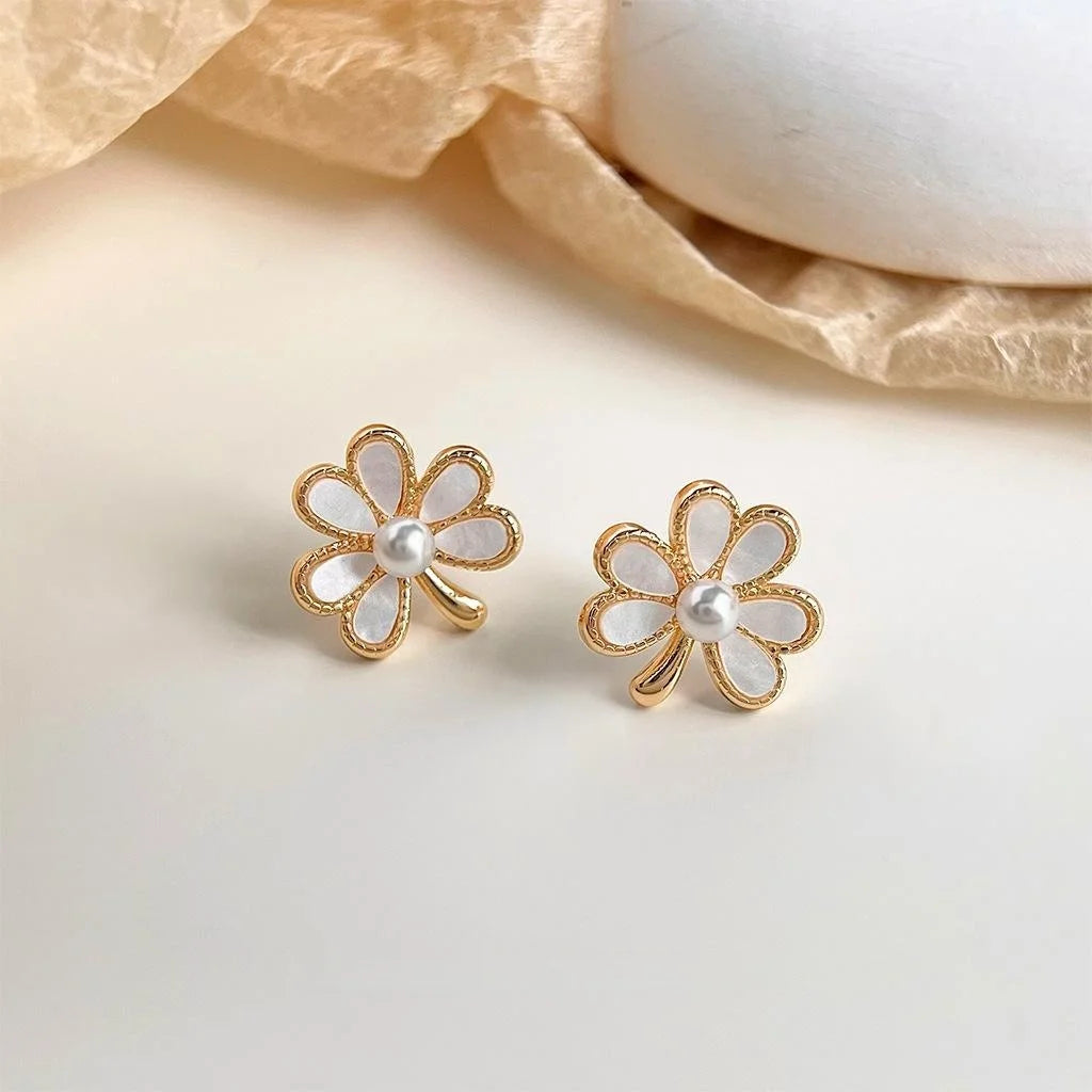 14K Gold Plated Copper Three Petal Flower Pearl Stud Earrings Sweet Elegant Minimalist Jewelry