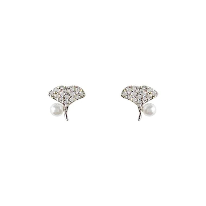 Mini Ginkgo Leaf Stud Earrings Copper Micro Pave Zircon Silver Plated Cute Daily Jewelry