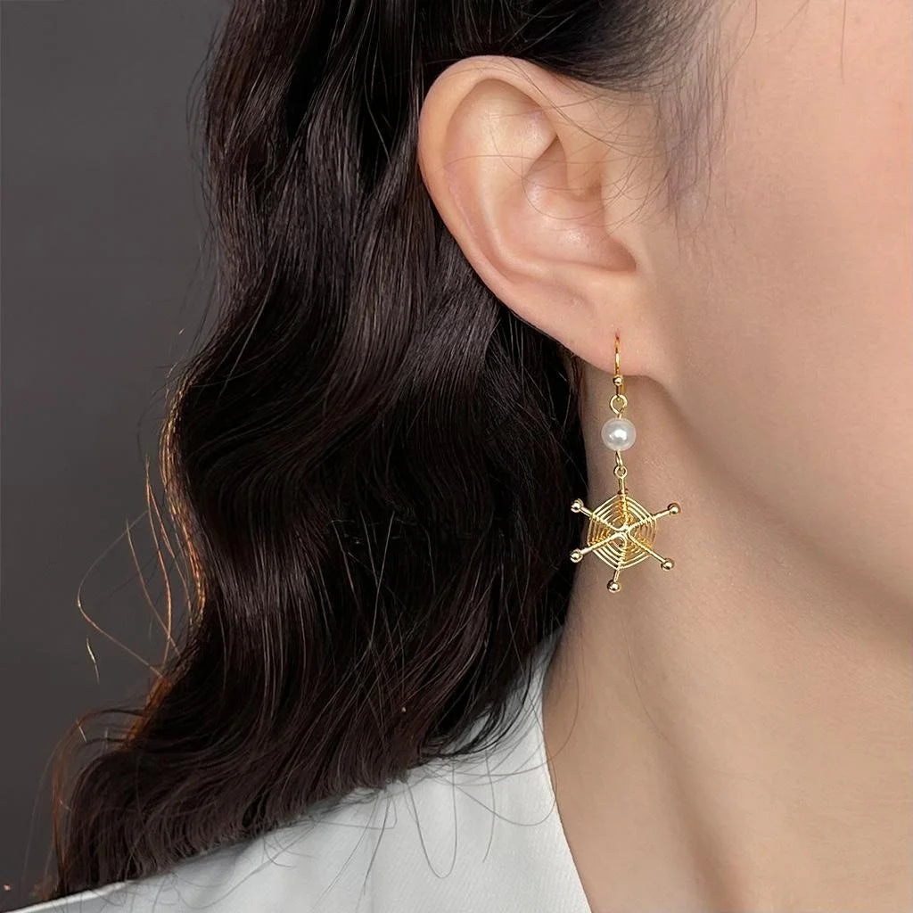 Original Handmade Dreamcatcher Drop Earrings Glass Pearl Copper Geometric Round Line Style