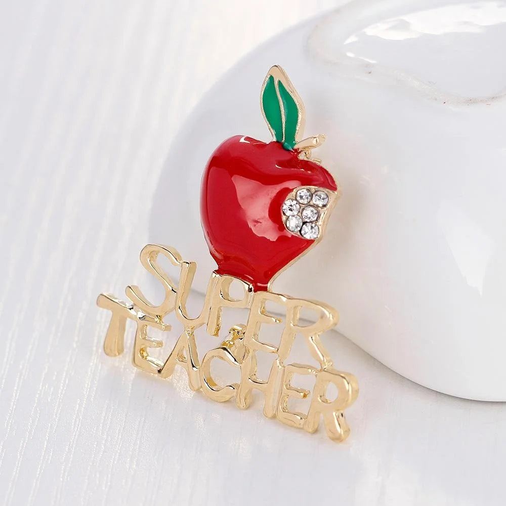 Cute Christmas Red Apple Enamel Rhinestone Alloy Brooch, Super Teacher Lapel Pin Corsage Gift