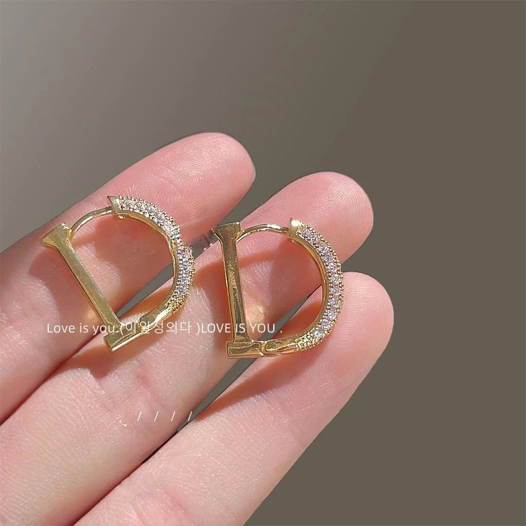 Copper Micro Pave Zircon Letter D Drop Earrings Light Luxury Geometric Semi Circle Jewelry