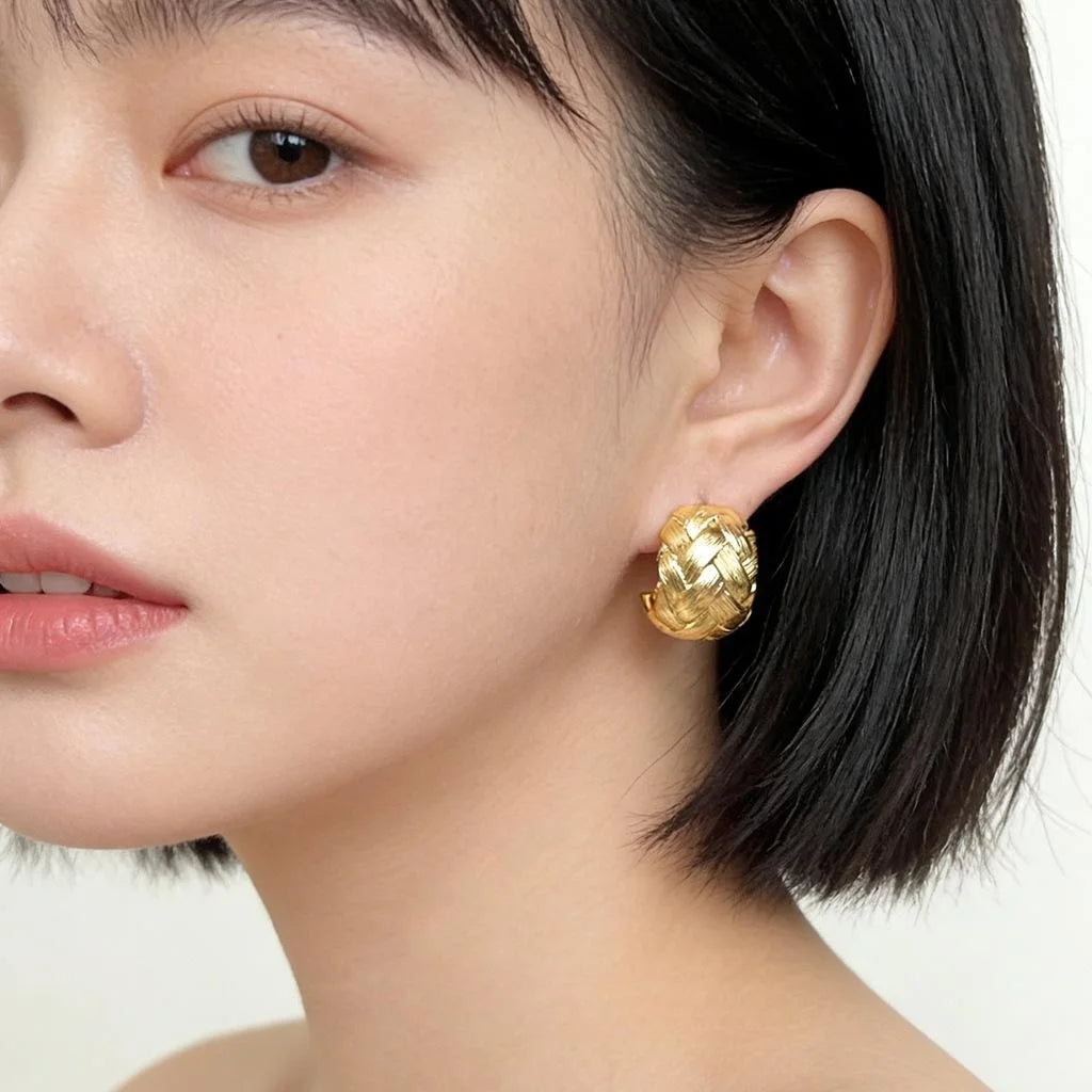 Eco-Friendly Copper C-Shaped Hoop Earrings With Cross Texture Minimalist Geometric Luxury Style