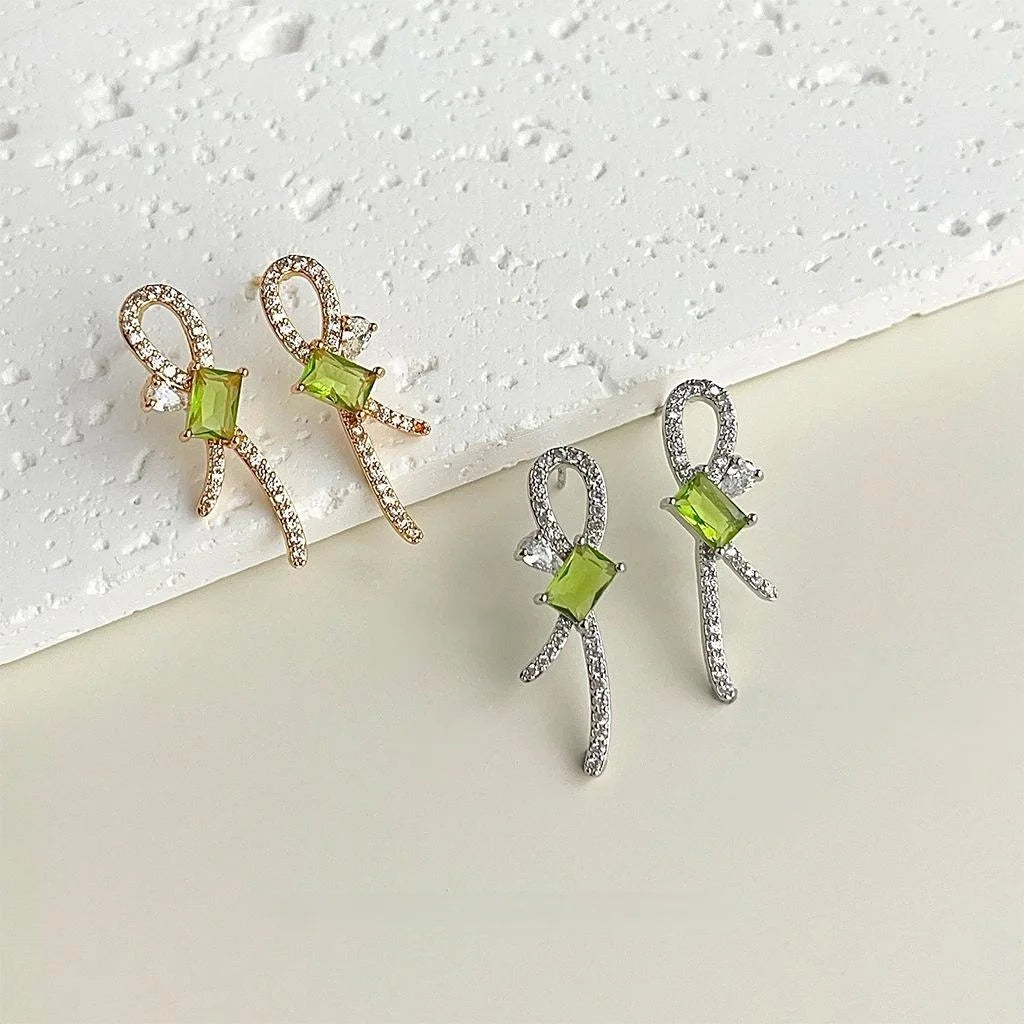 Original Design Green Bow Geometric Micro Pave Zircon 14K Plated Copper Drop Earrings