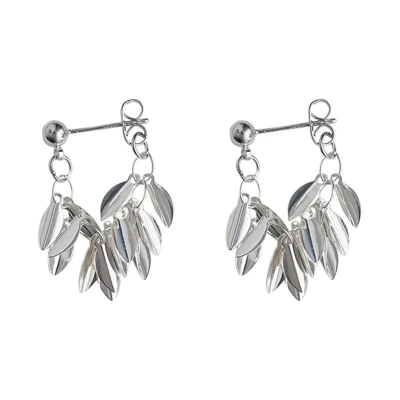 Handmade Silver Leaf Tassel Chain Drop Earrings Copper New Chinese Light Luxury Jewelry
