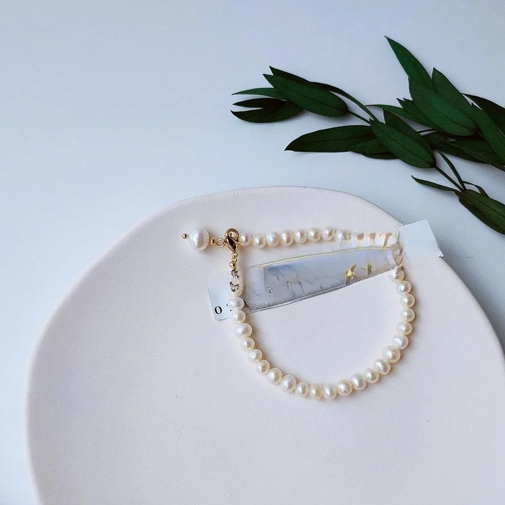French Vintage Natural Freshwater Pearl 14K Gold Plated Geometric Bracelet For Women
