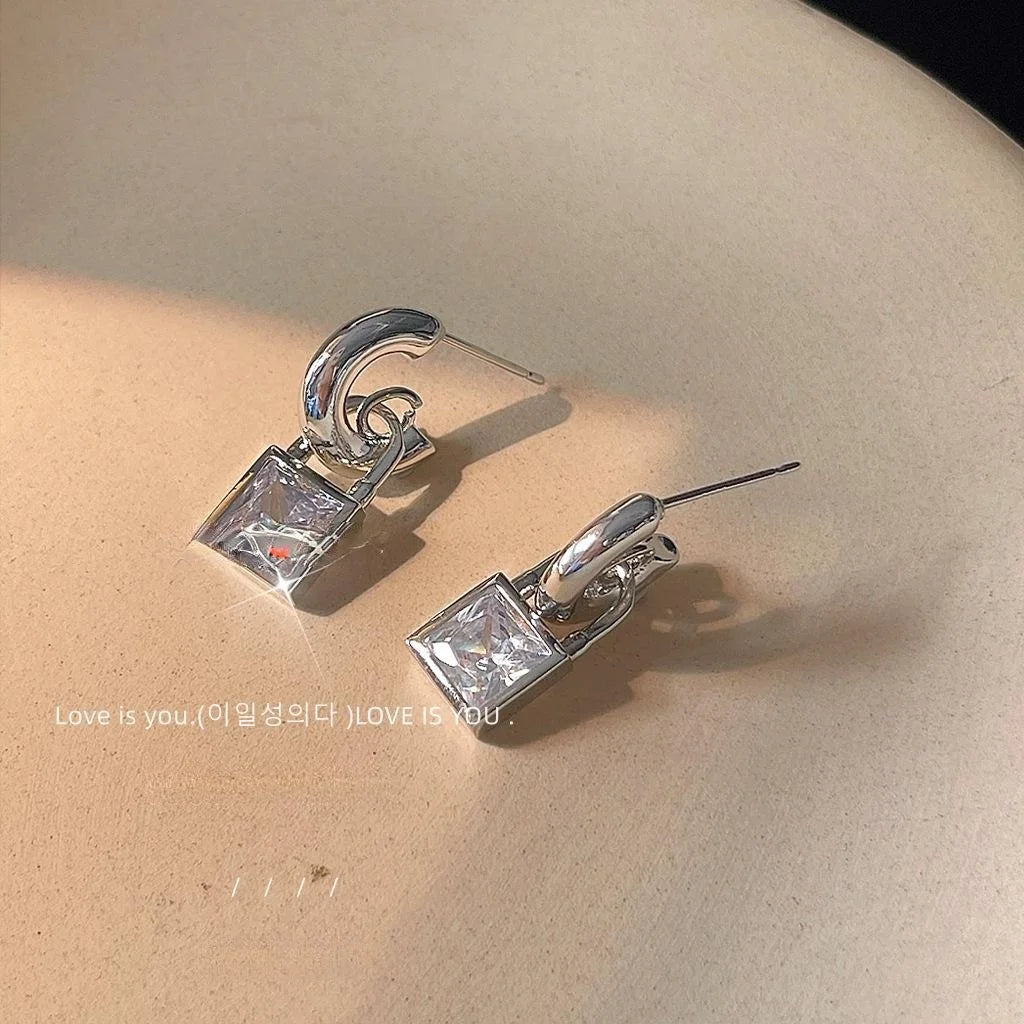 Copper Geometric Sugar Cube Zircon Lock Stud Earrings Minimalist Luxury Style For Women