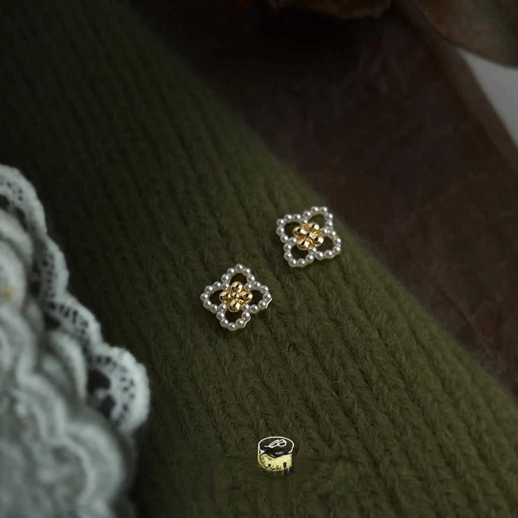 14K Plated Copper Pearl Flower Geometric Stud Earrings Minimalist Commuter Jewelry