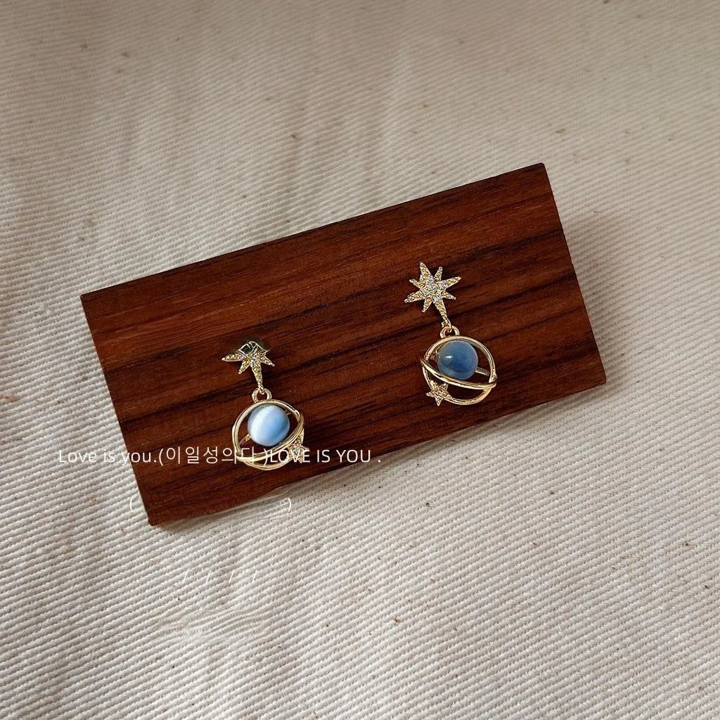 14K Plated Copper Galaxy Star Stud Earrings With Blue Cat Eye Glass And Micro Pave Zircon Style