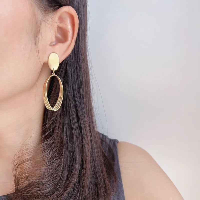 Elegant Matte Gold Alloy Oval Spiral Hoop Drop Stud & Clip On No Piercing Statement Earrings