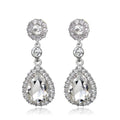 Elegant Red Teardrop Crystal Rhinestone Dangle Earrings, Silver Tone Bridal Jewelry For Wedding Party