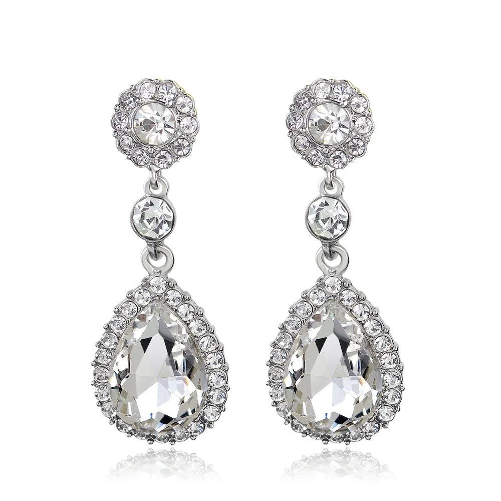 Elegant Red Teardrop Crystal Rhinestone Dangle Earrings, Silver Tone Bridal Jewelry For Wedding Party