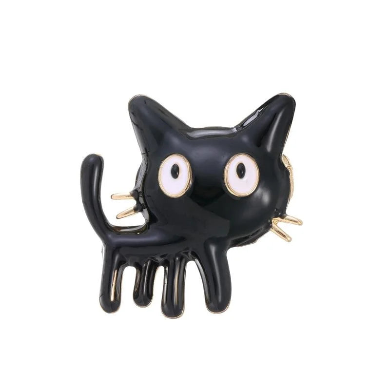 Cute Black Enamel Cartoon Cat Brooch With Gold Tone Alloy Whiskers, Fashion Lapel Pin Corsage Gift
