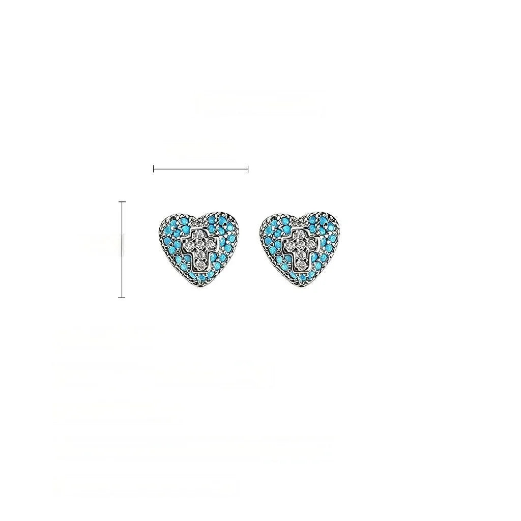 Elegant Blue Zircon Cross Heart Stud Earrings Eco-Friendly Copper Minimalist Jewelry
