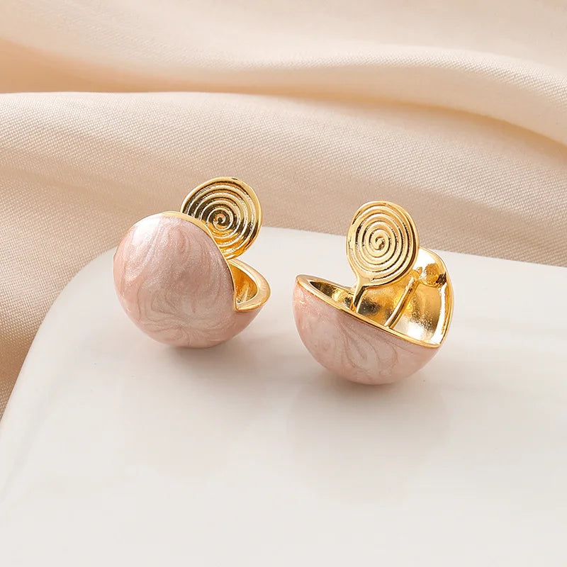 Elegant Pink Enamel Round Ball Spiral Alloy Stud & Clip On No Piercing Sweet Summer Earrings