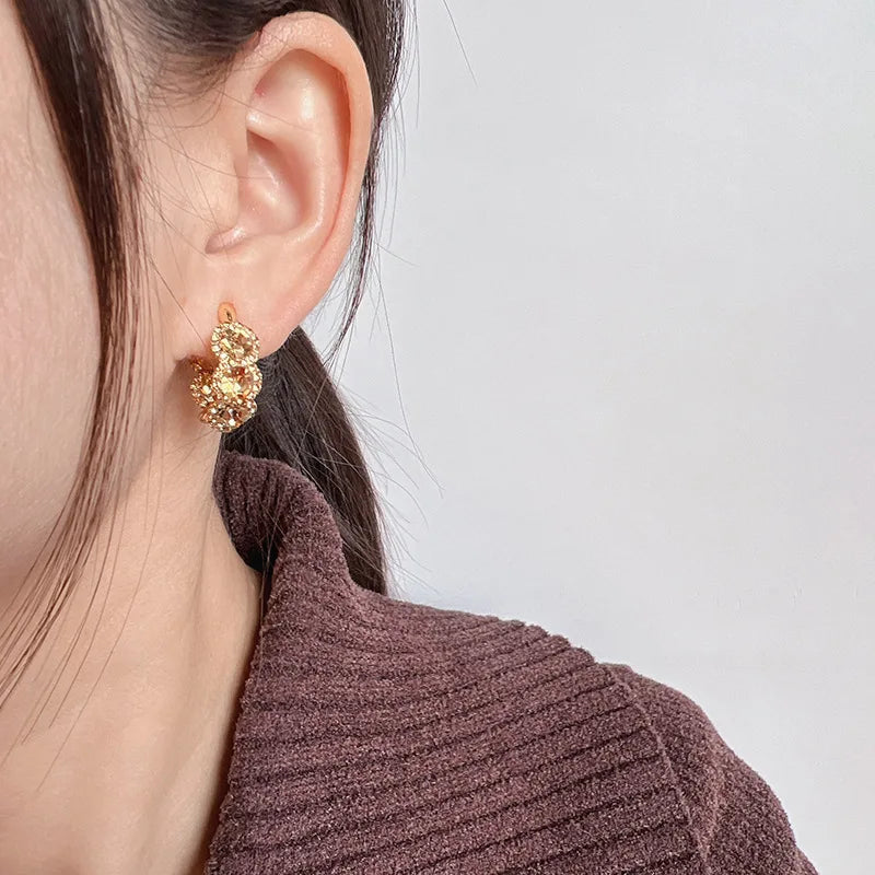 Luxury Coffee Crystal Rhinestone Cluster Hoop Stud & Clip On No Piercing Ear Cuff Earrings