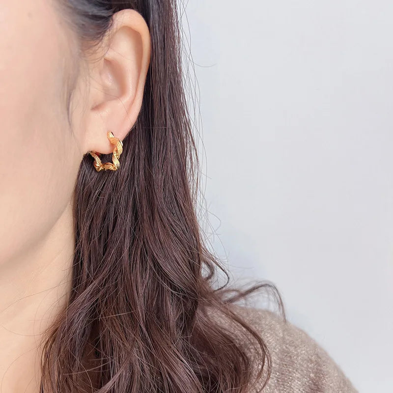 Elegant Gold Alloy Twisted Hoop Five Point Star Stud & Clip On No Piercing Textured Statement Earrings