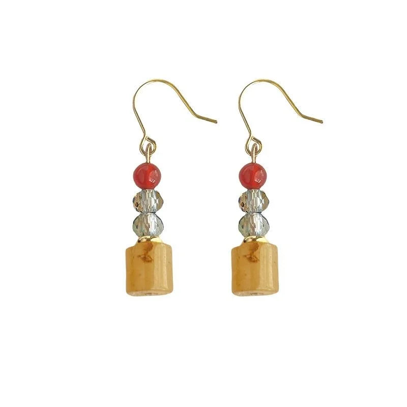 Handmade Natural Stone Geometric Drop Earrings Vintage Chinese Style Round Oval Hexagon Jewelry
