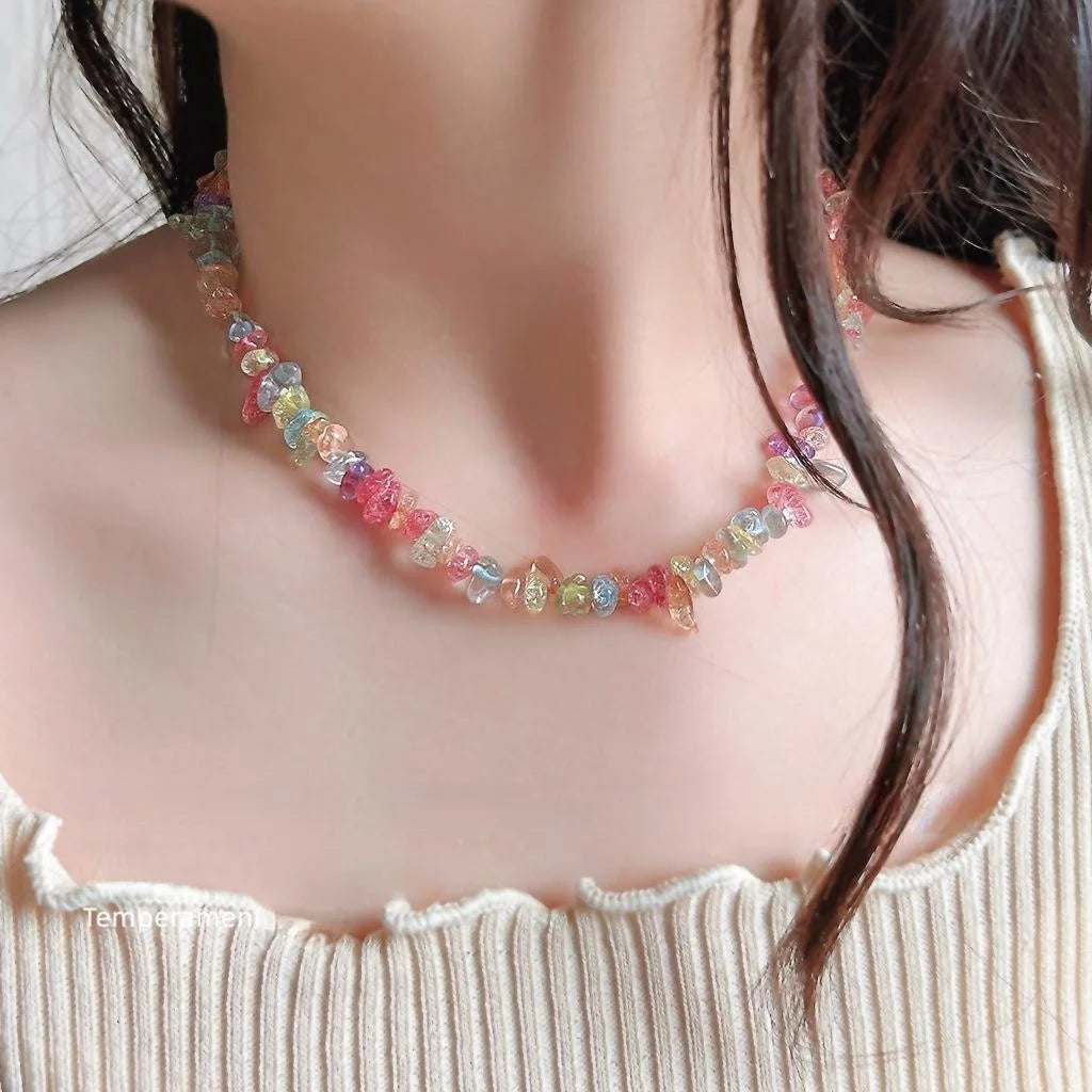 Handmade Colorful Glass Crystal Chip Choker Necklace Sweet Summer Geometric Round Bead Collar