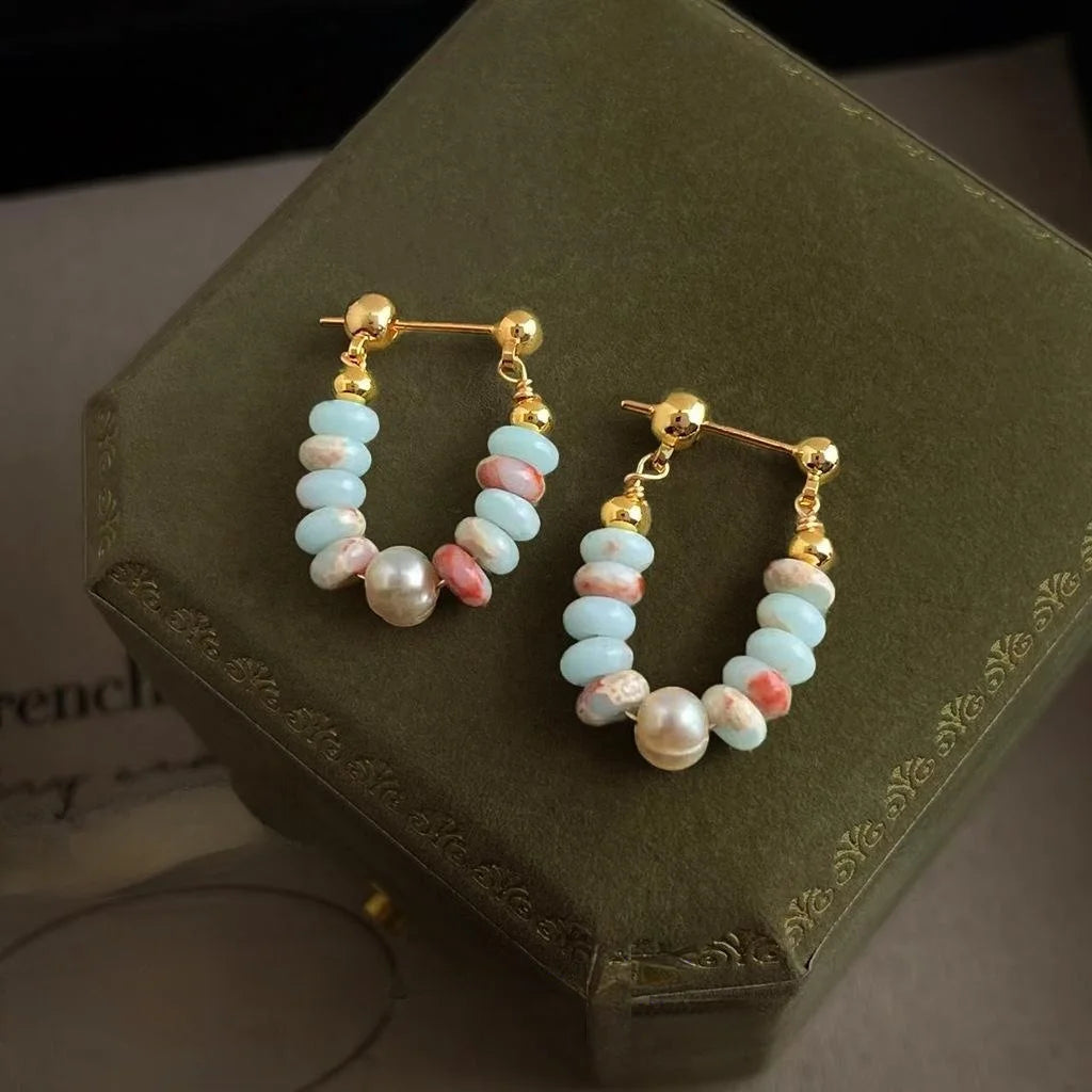 Premium New Chinese Style Synthetic Shoushan Stone Beaded Freshwater Pearl Copper Drop Earrings