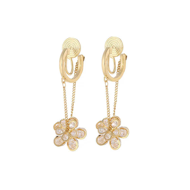 Elegant Zircon Crystal Flower Chain Tassel Hoop Stud & Clip On No Piercing Gold Alloy Drop Earrings