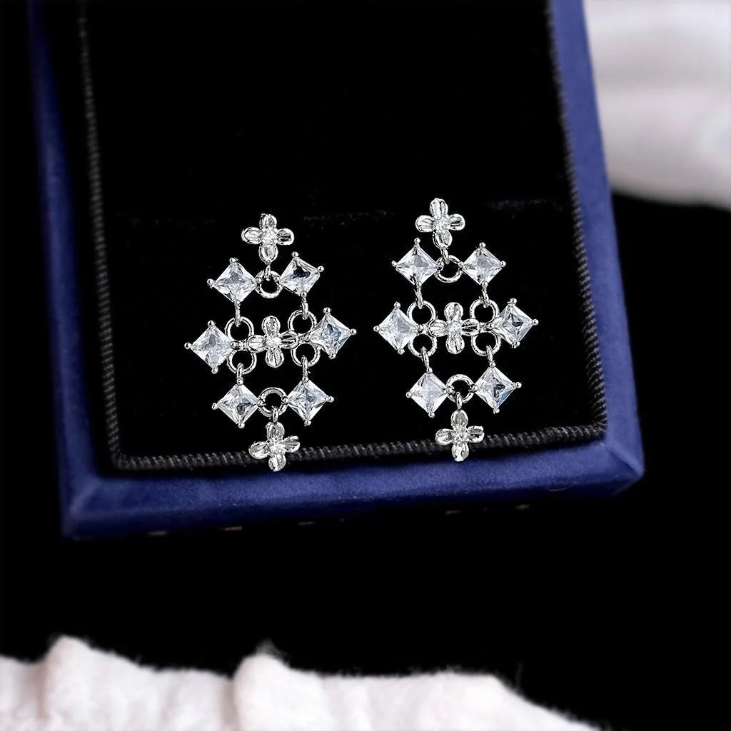 Designer Flower Waterfall Geometric Tassel Drop Earrings With Micro Pave Zircon Copper