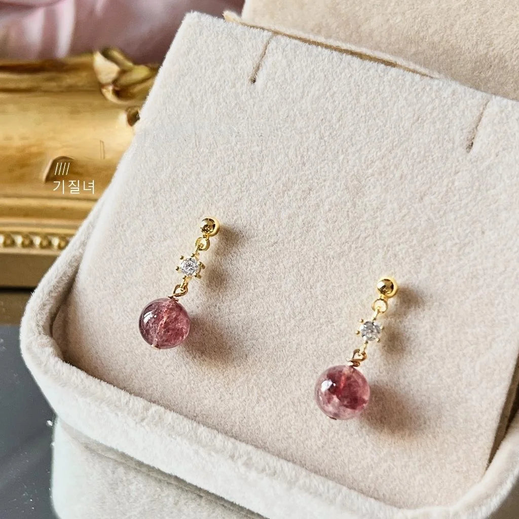 Mini Round Strawberry Quartz 14K Plated Handmade Stud Earrings