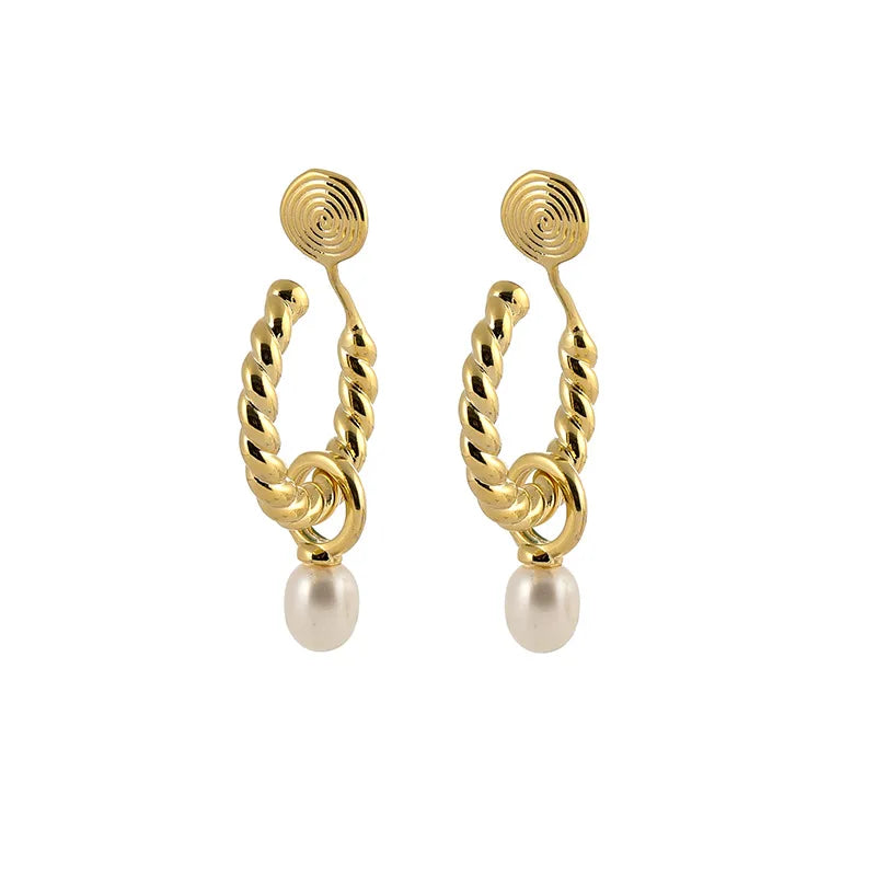 Elegant Twisted Hoop Freshwater Pearl Dangle Stud & Clip On No Piercing Spiral Ear Cuff Earrings