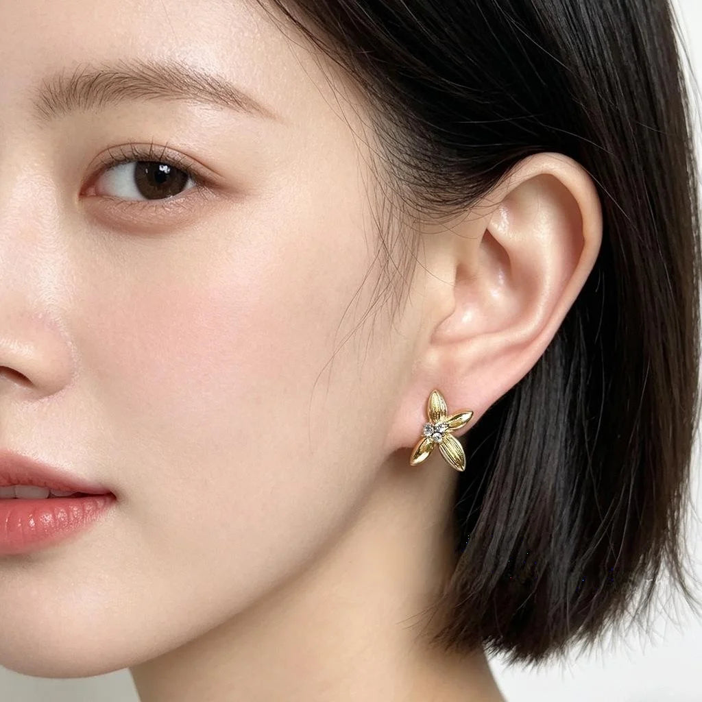 14K Gold Plated Copper Micro Pave Zircon Osmanthus Flower Leaf Stud Earrings High-End Fashion