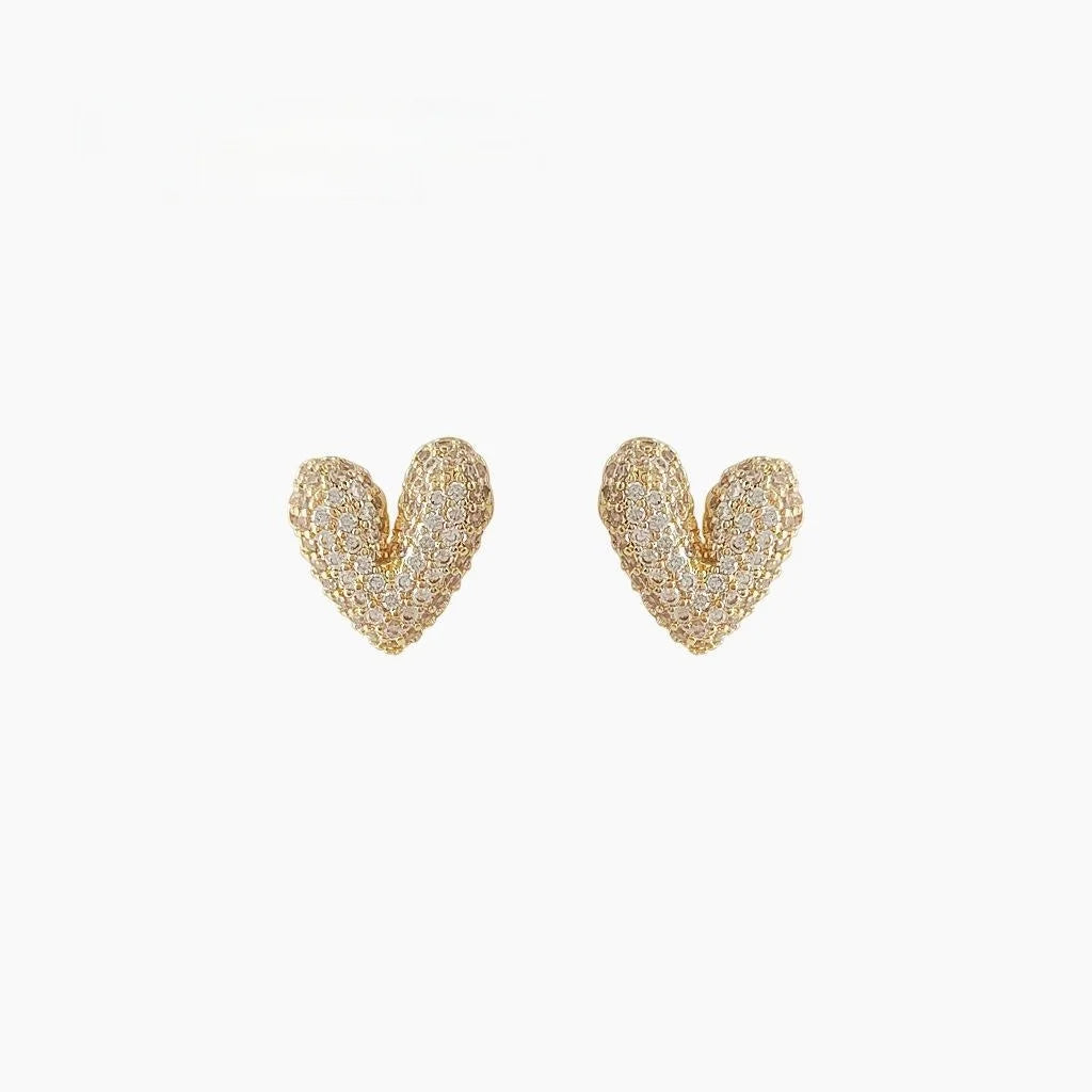 Light Luxury Copper Heart Stud Earrings With Micro Pave Zircon And Silver Plated Pins