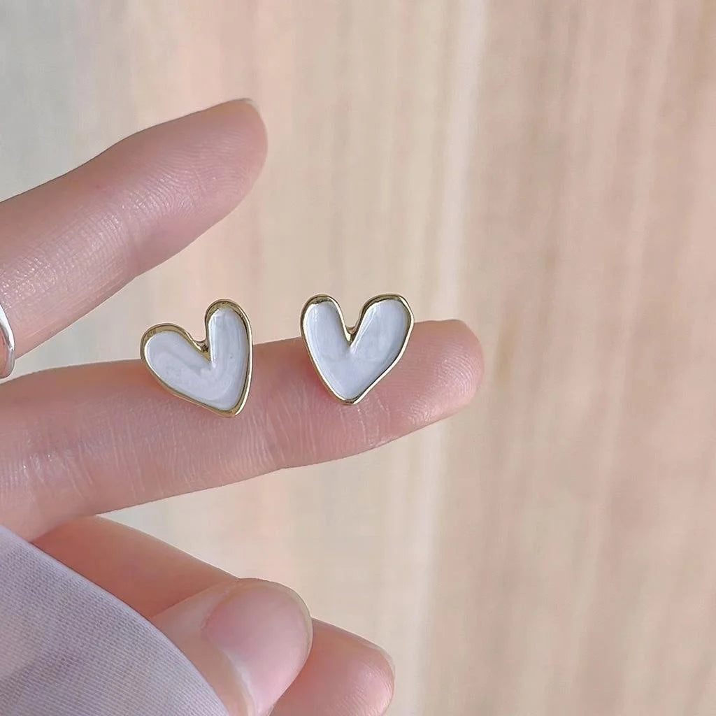 14K Plated Copper White Enamel Heart Stud Earrings Minimalist Summer Jewelry