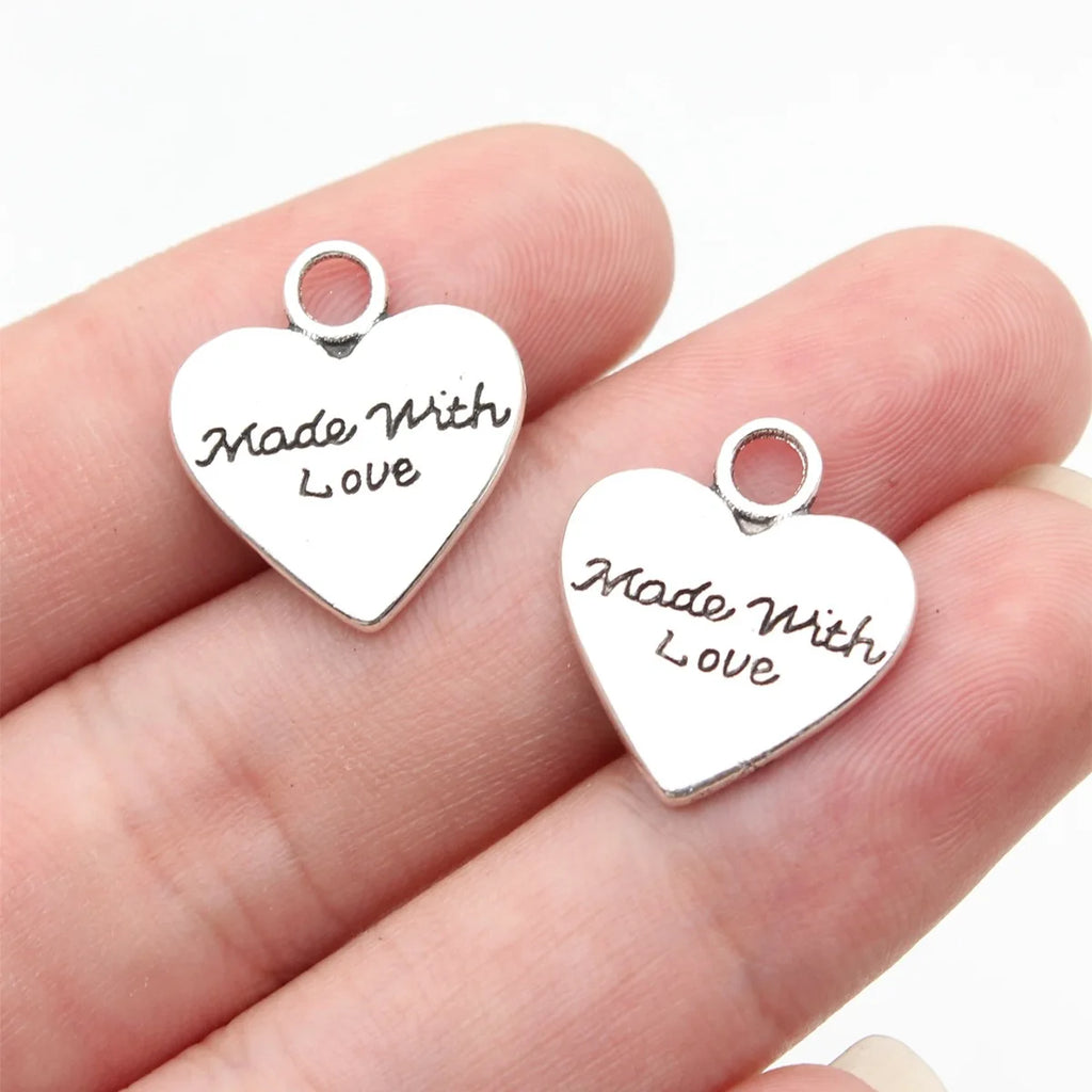 19x17mm 2g Antique Silver Zinc Alloy Made With Love Heart Double Sided Charm Pendant for DIY Jewelry Making