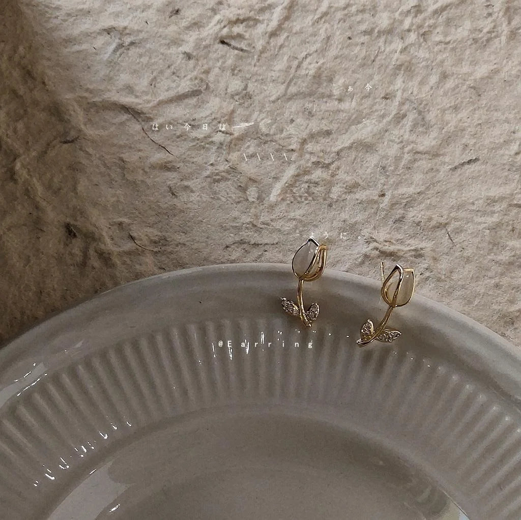 14K Plated Copper Tulip Cat Eye Glass Zircon Drop Earrings Korean Japanese Minimalist Jewelry
