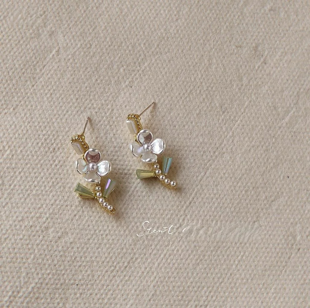 14K Gold Plated Copper Flower Stud Earrings, Vintage Summer Green Style