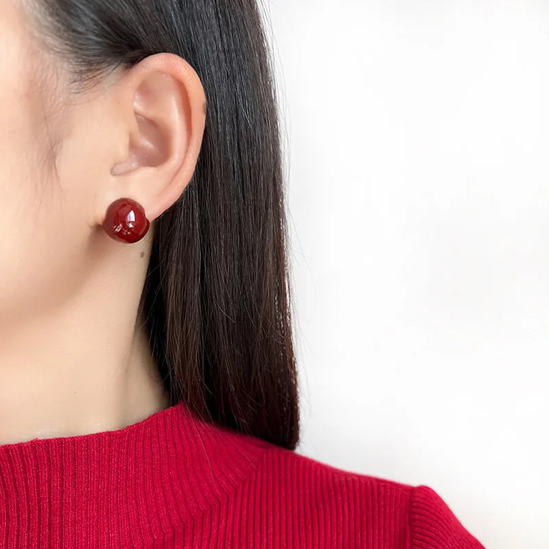 Elegant Vintage Burgundy Enamel Round Ball Alloy Spiral Disc Stud & Clip On No Piercing Earrings