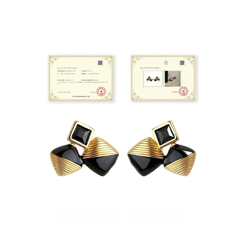 Premium Copper Black Enamel Geometric Zircon Square Stud Earrings