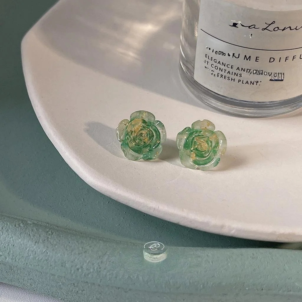Lolita Style Green Flower Resin Stud Earrings With Silver Plated Pins