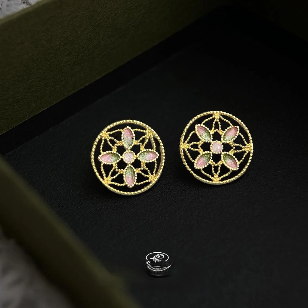 Original Chinese Style Enamel Painted Lotus Copper Stud Earrings With Silver Plated Pins