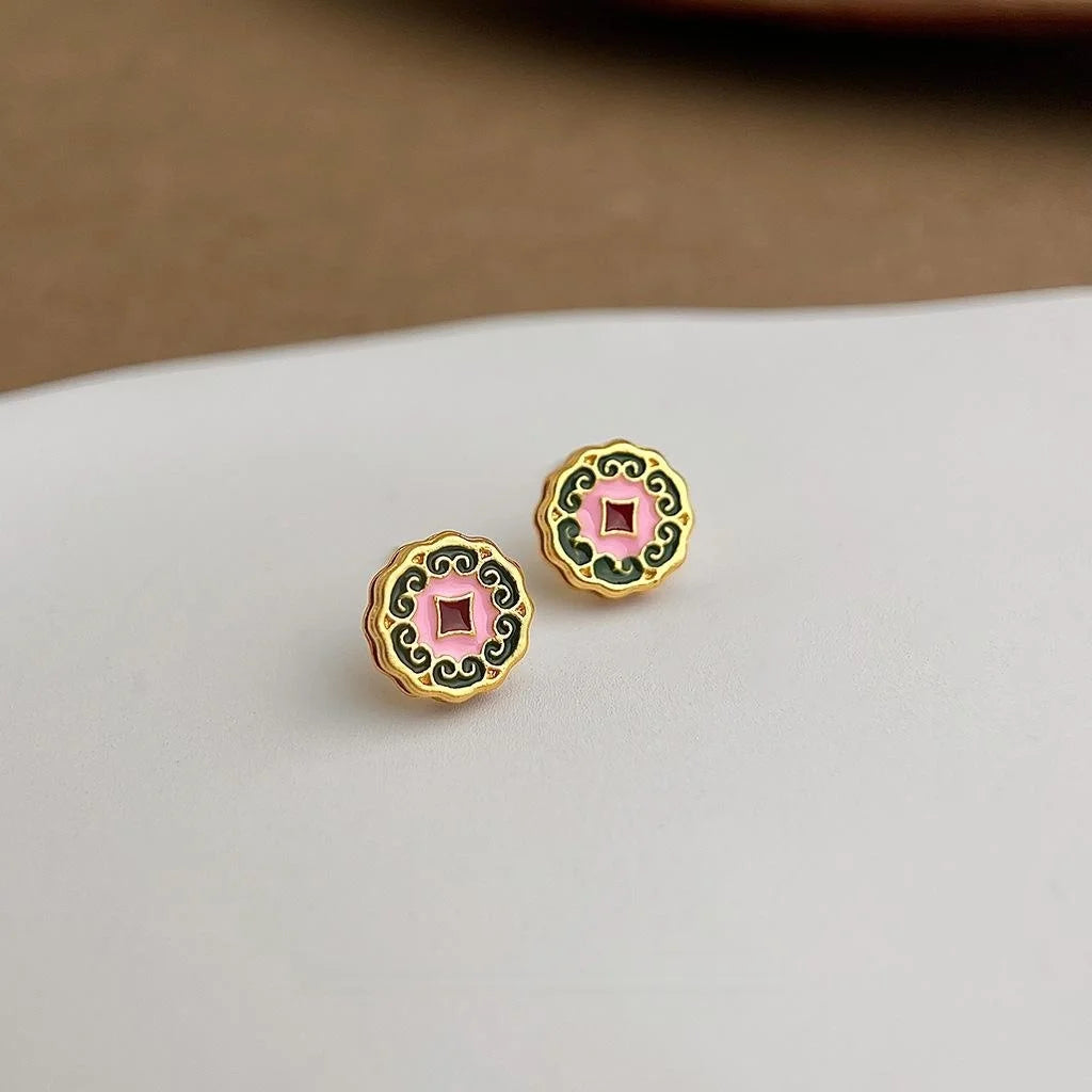 Vintage Copper Enamel Stud Earrings With Painted Geometric Floral Auspicious Cloud Design