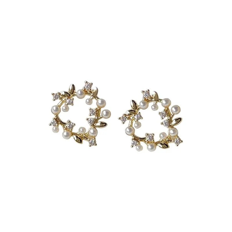 French Sweet Micro Pave Zircon Hollow Floral Wreath 14K Plated Stud Earrings