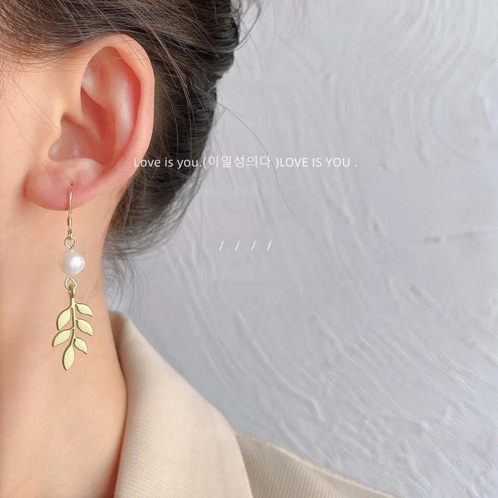 Forest Style Freshwater Pearl Leaf Drop Earrings With Silver Plated Pins, Green Handmade Jewelry