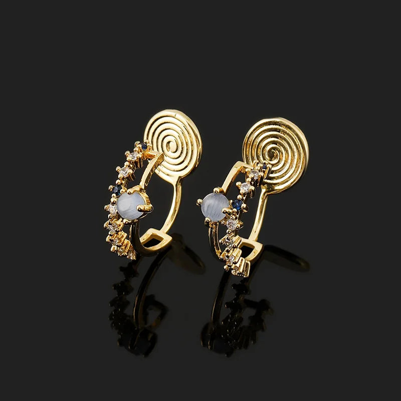 Vintage Blue Cat Eye Stone Zircon C Hoop Stud & Clip On No Piercing Elegant Gold Alloy Earrings