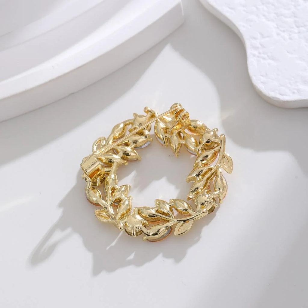 Elegant Green Rhinestone Leaf Wreath Alloy Brooch For Women, Summer Lapel Pin Corsage Suit Accessory