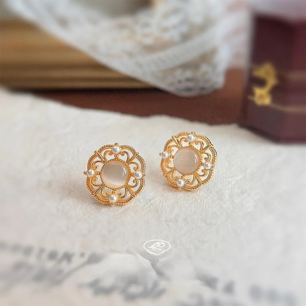 14K Gold Plated Copper Glass Cat Eye Stone Hollow Round Geometric New Chinese Drop Earrings