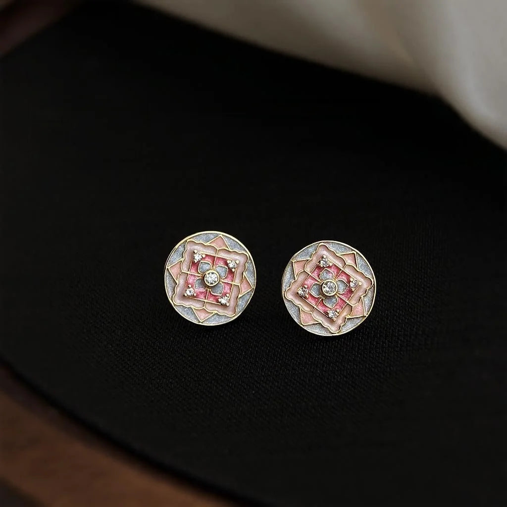 Vintage Ethnic Geometric Floral Enamel Copper Stud Earrings