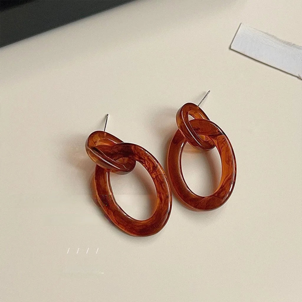 Retro Hong Kong Style Amber Acrylic Geometric Hollow Double Hoop Drop Earrings For Women