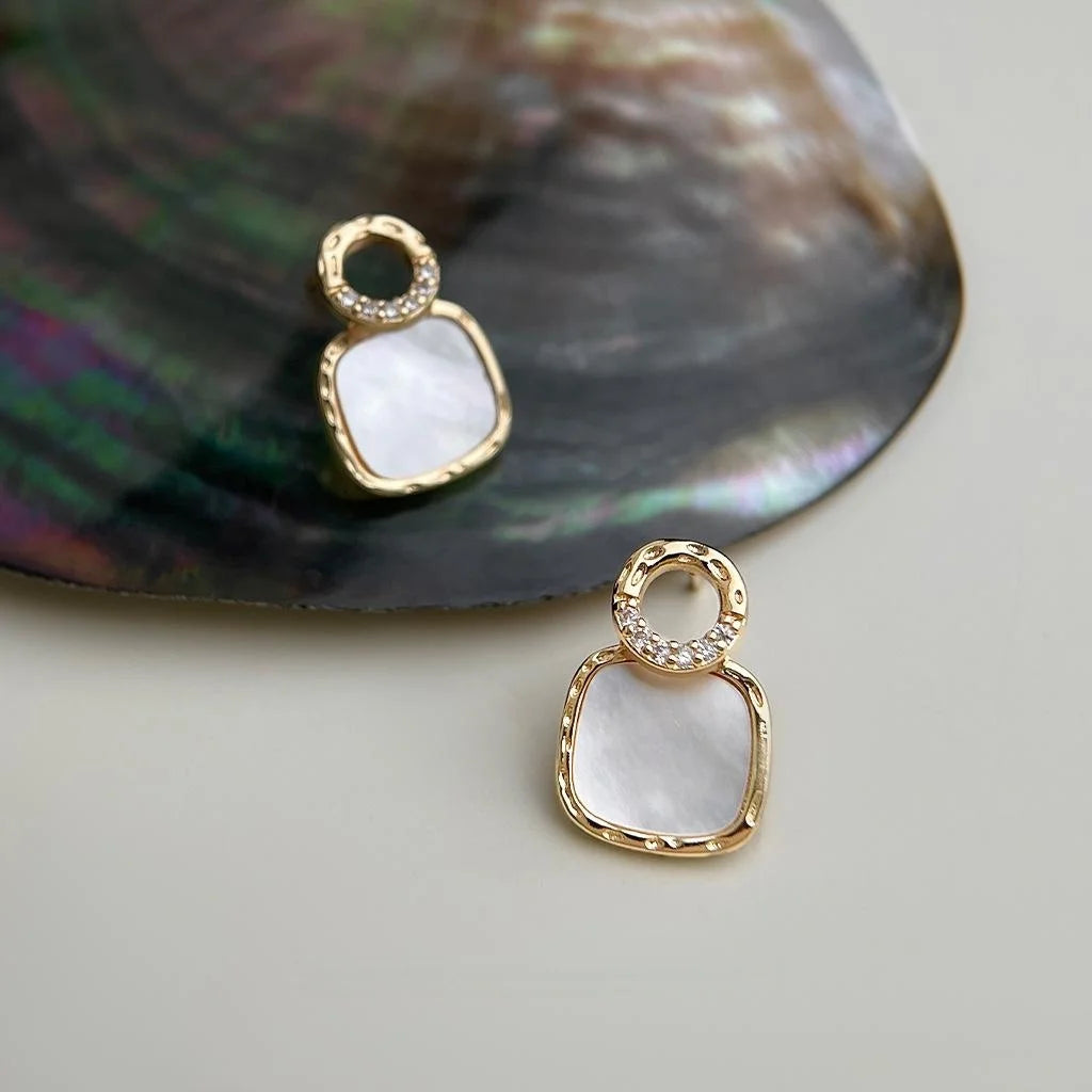 Premium 14K Gold Plated Copper Geometric Hollow Shell Zircon Stud Earrings