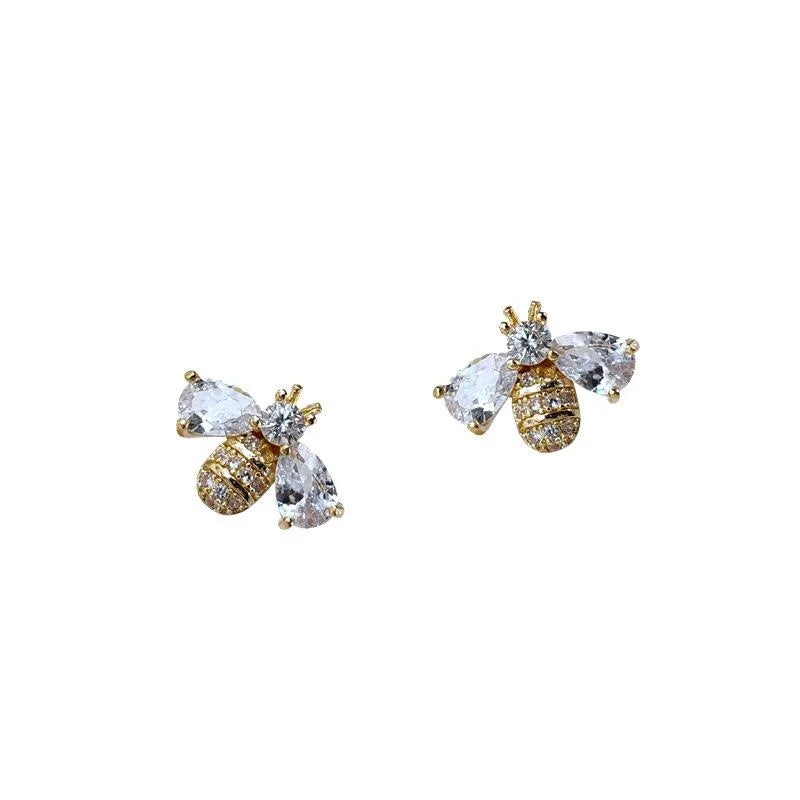14K Gold Plated Needle Zircon Micro Pave Bee Stud Earrings For Women Korean Japanese Minimalist Jewelry